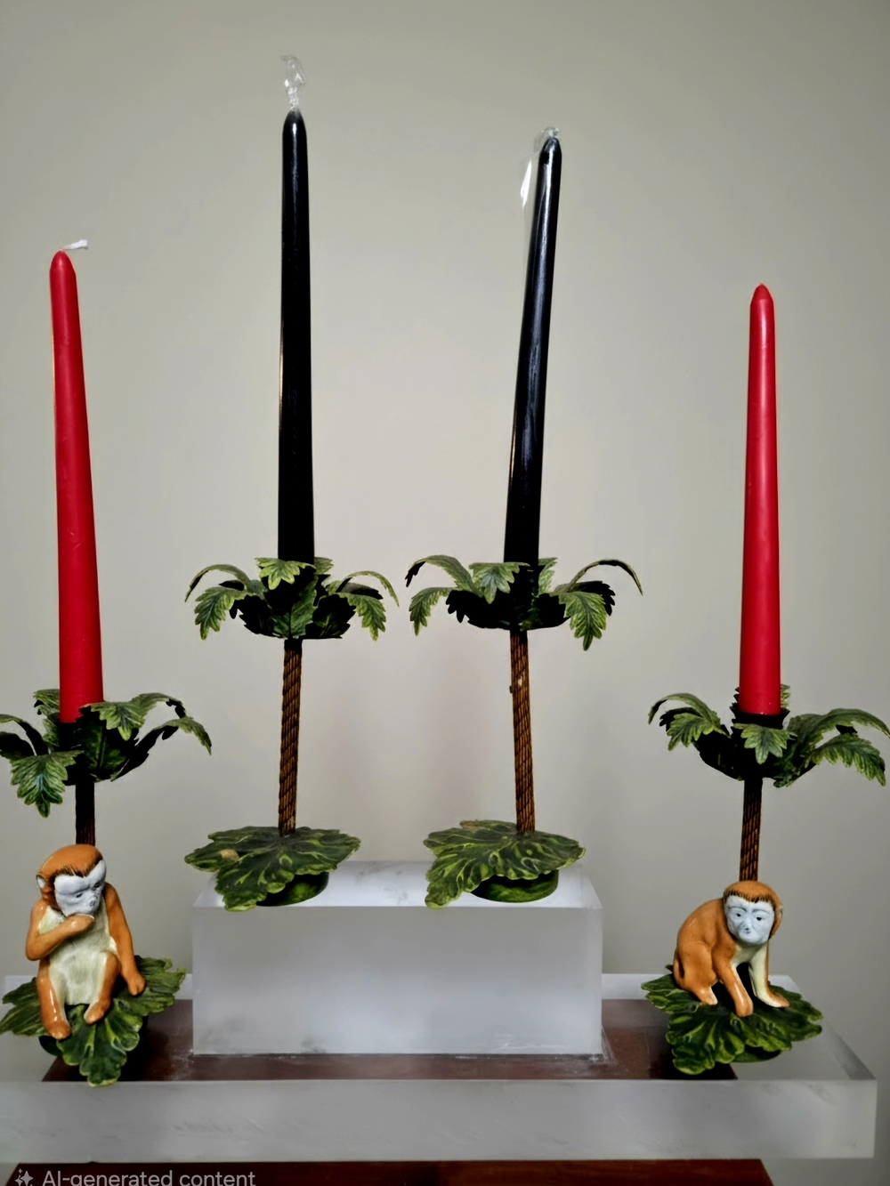 20th Century Hollywood Regency Tole Monkey Palm Tree Candlesticks Set of 4